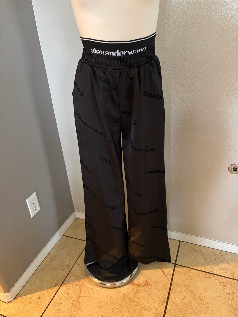 Alexander Wang Black Elastic Logo Waist Wide-Leg Pants